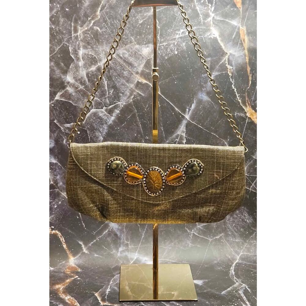 Chico’s Brown Statement Clutch – Stone Accents + Removable Chain Strap